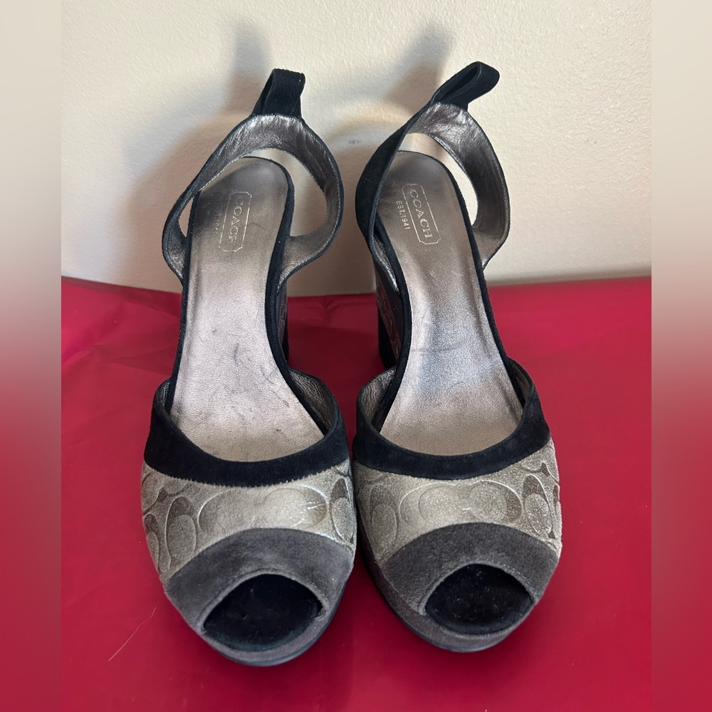 Coach Black and Silver Suede Wedge Sandals - Picture 6 of 13